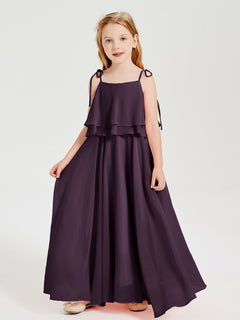 Long Chiffon Junior Bridesmaid Dresses Bowknot Spaghetti Straps Plum