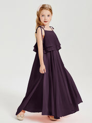 Long Chiffon Junior Bridesmaid Dresses Bowknot Spaghetti Straps Plum
