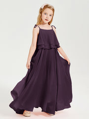 Long Chiffon Junior Bridesmaid Dresses Bowknot Spaghetti Straps Plum