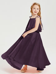 Long Chiffon Junior Bridesmaid Dresses Bowknot Spaghetti Straps Plum