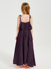 Long Chiffon Junior Bridesmaid Dresses Bowknot Spaghetti Straps Plum