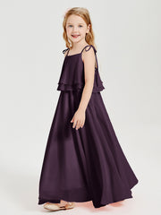 Long Chiffon Junior Bridesmaid Dresses Bowknot Spaghetti Straps Plum