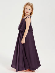 Long Chiffon Junior Bridesmaid Dresses Bowknot Spaghetti Straps Plum
