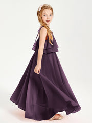 Long Chiffon Junior Bridesmaid Dresses Bowknot Spaghetti Straps Plum
