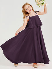 Long Chiffon Junior Bridesmaid Dresses Bowknot Spaghetti Straps Plum