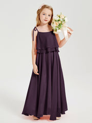 Long Chiffon Junior Bridesmaid Dresses Bowknot Spaghetti Straps Plum