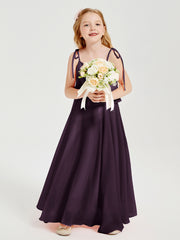 Long Chiffon Junior Bridesmaid Dresses Bowknot Spaghetti Straps Plum