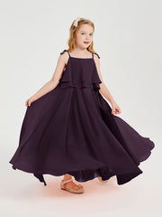 Long Chiffon Junior Bridesmaid Dresses Bowknot Spaghetti Straps Plum