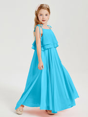 Long Chiffon Junior Bridesmaid Dresses Bowknot Spaghetti Straps Pool