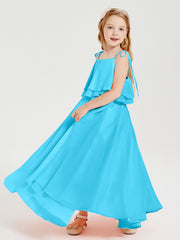 Long Chiffon Junior Bridesmaid Dresses Bowknot Spaghetti Straps Pool