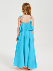 Long Chiffon Junior Bridesmaid Dresses Bowknot Spaghetti Straps Pool