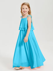 Long Chiffon Junior Bridesmaid Dresses Bowknot Spaghetti Straps Pool