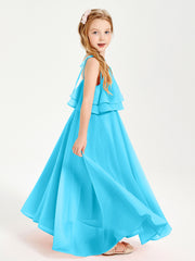 Long Chiffon Junior Bridesmaid Dresses Bowknot Spaghetti Straps Pool
