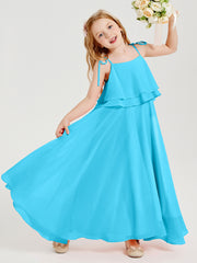 Long Chiffon Junior Bridesmaid Dresses Bowknot Spaghetti Straps Pool