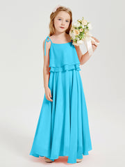 Long Chiffon Junior Bridesmaid Dresses Bowknot Spaghetti Straps Pool