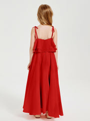 Long Chiffon Junior Bridesmaid Dresses Bowknot Spaghetti Straps Red