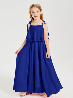 Long Chiffon Junior Bridesmaid Dresses Bowknot Spaghetti Straps Royal Blue