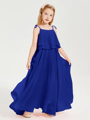 Long Chiffon Junior Bridesmaid Dresses Bowknot Spaghetti Straps Royal Blue
