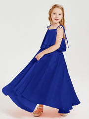 Long Chiffon Junior Bridesmaid Dresses Bowknot Spaghetti Straps Royal Blue