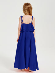 Long Chiffon Junior Bridesmaid Dresses Bowknot Spaghetti Straps Royal Blue