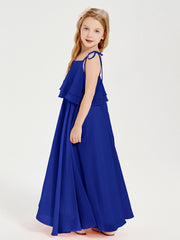 Long Chiffon Junior Bridesmaid Dresses Bowknot Spaghetti Straps Royal Blue