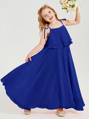 Long Chiffon Junior Bridesmaid Dresses Bowknot Spaghetti Straps Royal Blue