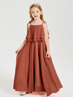 Long Chiffon Junior Bridesmaid Dresses Bowknot Spaghetti Straps Rust