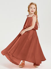 Long Chiffon Junior Bridesmaid Dresses Bowknot Spaghetti Straps Rust