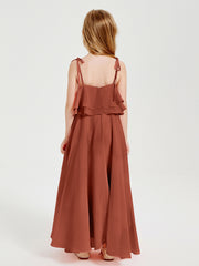 Long Chiffon Junior Bridesmaid Dresses Bowknot Spaghetti Straps Rust