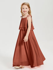 Long Chiffon Junior Bridesmaid Dresses Bowknot Spaghetti Straps Rust