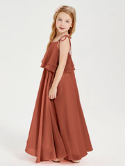 Long Chiffon Junior Bridesmaid Dresses Bowknot Spaghetti Straps Rust