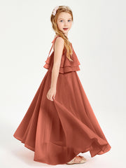 Long Chiffon Junior Bridesmaid Dresses Bowknot Spaghetti Straps Rust