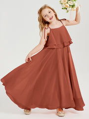 Long Chiffon Junior Bridesmaid Dresses Bowknot Spaghetti Straps Rust