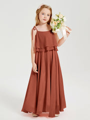 Long Chiffon Junior Bridesmaid Dresses Bowknot Spaghetti Straps Rust