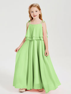 Long Chiffon Junior Bridesmaid Dresses Bowknot Spaghetti Straps Sage