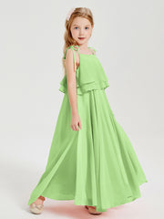 Long Chiffon Junior Bridesmaid Dresses Bowknot Spaghetti Straps Sage