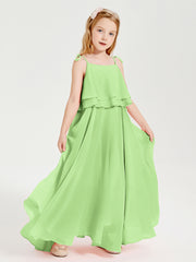 Long Chiffon Junior Bridesmaid Dresses Bowknot Spaghetti Straps Sage