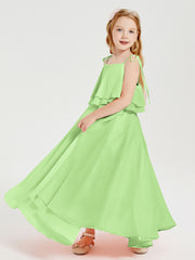 Long Chiffon Junior Bridesmaid Dresses Bowknot Spaghetti Straps Sage