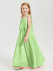 Long Chiffon Junior Bridesmaid Dresses Bowknot Spaghetti Straps Sage