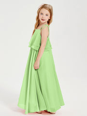 Long Chiffon Junior Bridesmaid Dresses Bowknot Spaghetti Straps Sage