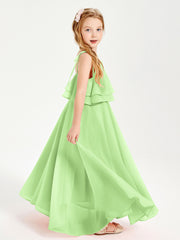 Long Chiffon Junior Bridesmaid Dresses Bowknot Spaghetti Straps Sage