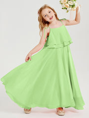 Long Chiffon Junior Bridesmaid Dresses Bowknot Spaghetti Straps Sage