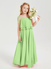 Long Chiffon Junior Bridesmaid Dresses Bowknot Spaghetti Straps Sage