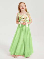 Long Chiffon Junior Bridesmaid Dresses Bowknot Spaghetti Straps Sage