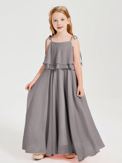 Long Chiffon Junior Bridesmaid Dresses Bowknot Spaghetti Straps Silver