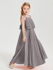 Long Chiffon Junior Bridesmaid Dresses Bowknot Spaghetti Straps Silver