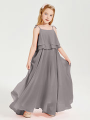 Long Chiffon Junior Bridesmaid Dresses Bowknot Spaghetti Straps Silver