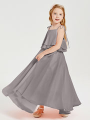 Long Chiffon Junior Bridesmaid Dresses Bowknot Spaghetti Straps Silver