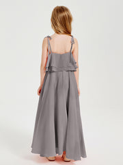 Long Chiffon Junior Bridesmaid Dresses Bowknot Spaghetti Straps Silver