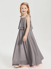 Long Chiffon Junior Bridesmaid Dresses Bowknot Spaghetti Straps Silver
